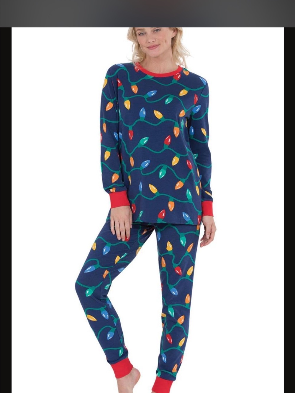 Women’s Navy Holiday Light-Print Pajama Set